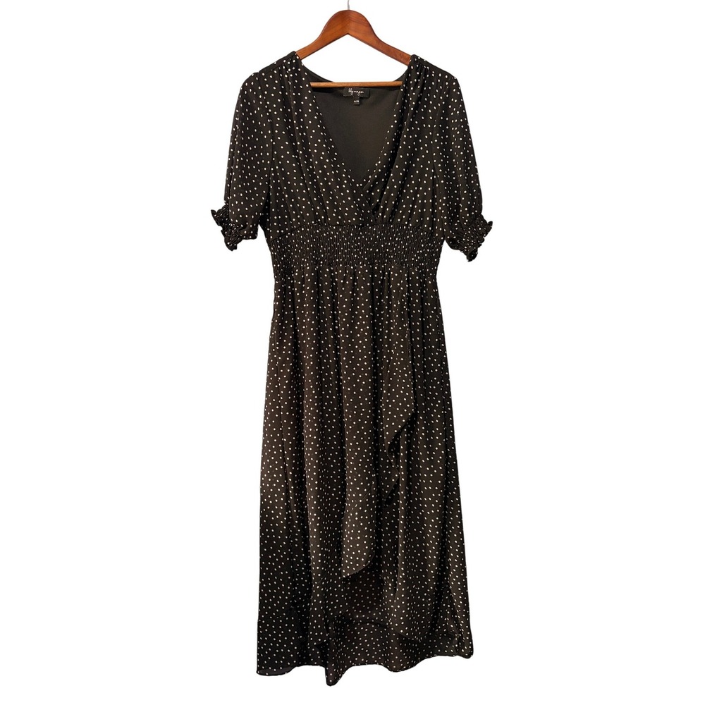 Polka Dot Midi Dress Black White Smocked Waist V-Neck XL High-Low